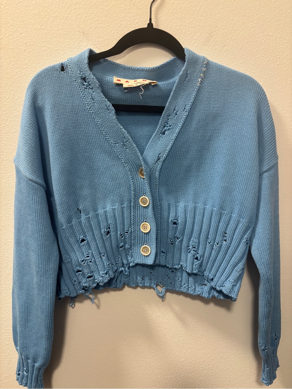 Marni Sky Blue Distressed Cropped Cardigan
